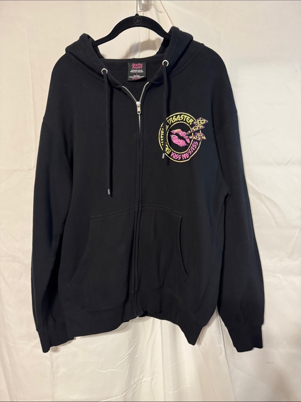 Black Zip Hoodie with Pink Embroidered Patch